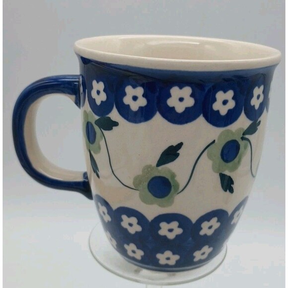 Polish Boleslawiec Green Blue Floral Mug Hand Painted 3.75” Tall - Picture 3 of 8